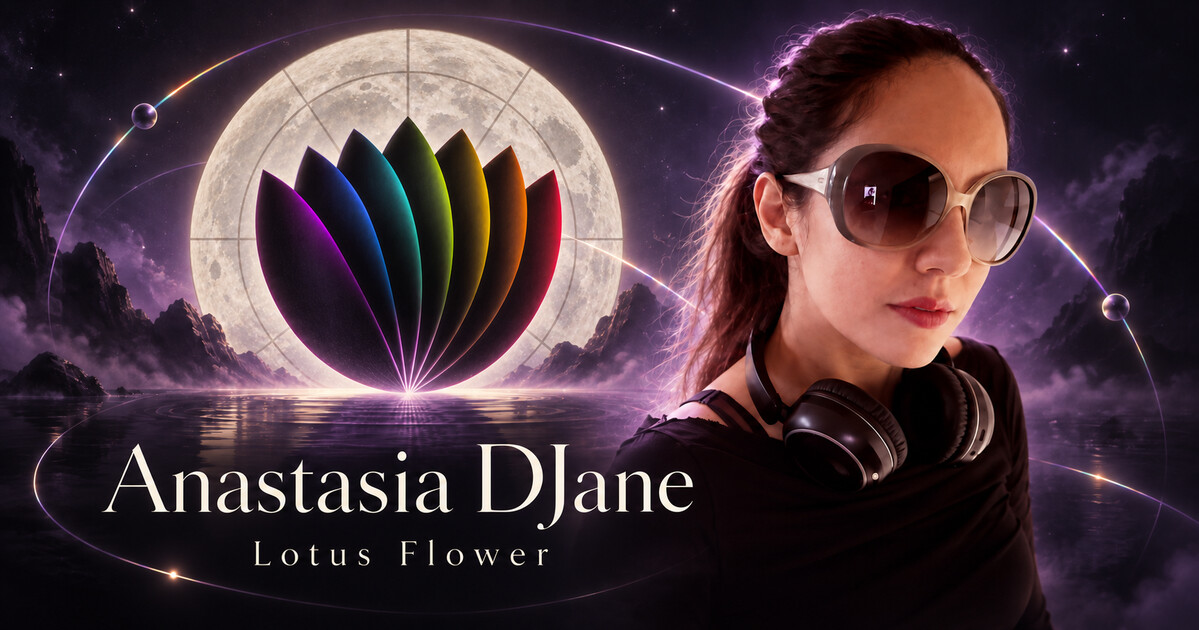 Anastasia DJane with headphones beside a sculpted black lotus, luminous moon and rainbow orbits