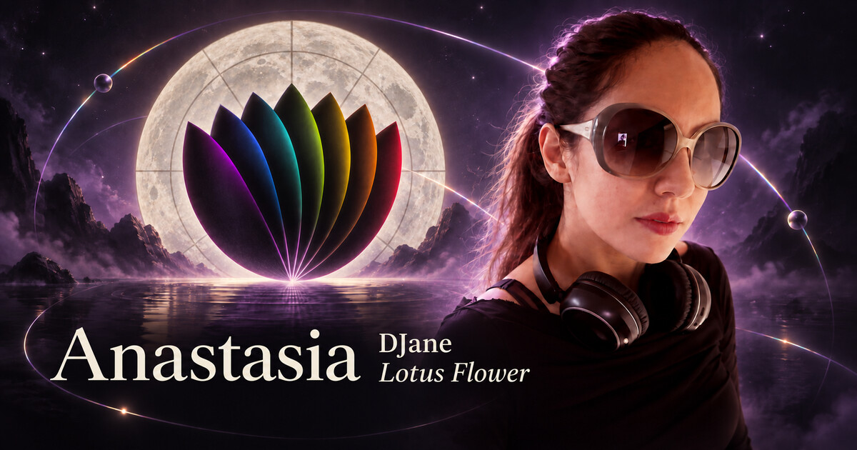 Anastasia DJane con auriculares junto a un loto negro, una luna luminosa y órbitas de arcoíris